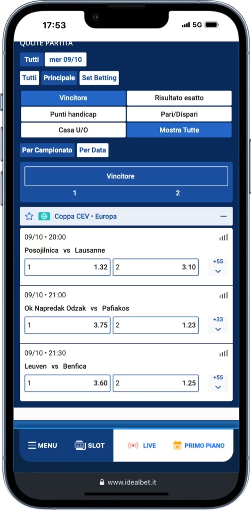 Idealbet Volley scommesse su App