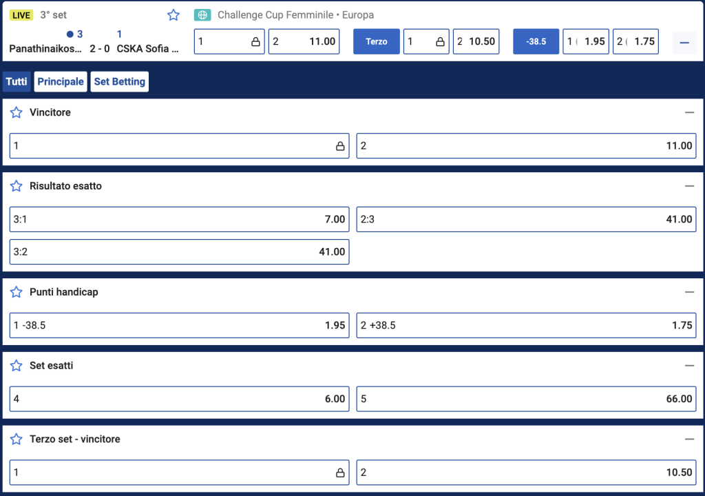 Mercati scommesse Idealbet Volley